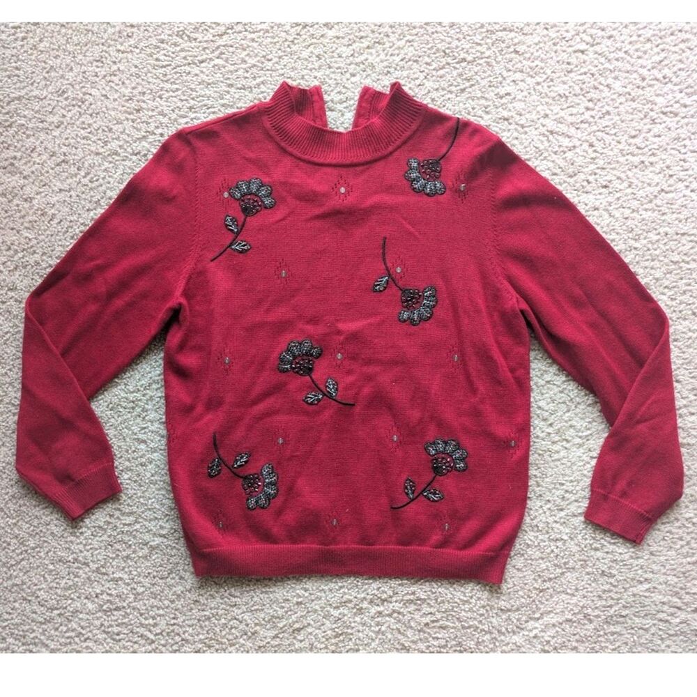 Alfred Dunner Red Floral Ramie Cotton Embroidered Mockneck Pullover Sz LP